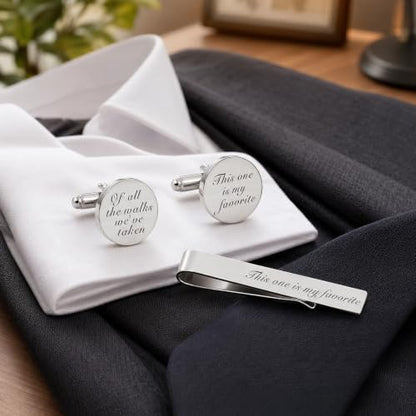 JUOOE Cufflinks for Men Tie Clip Set Cuff Links Personalized CuffLinks Gift for Groom Husband Father Boyfriend Stainless Steel Cufflinks Shirt Business Wedding Gifts - style: Silver Of all the walks we've taken