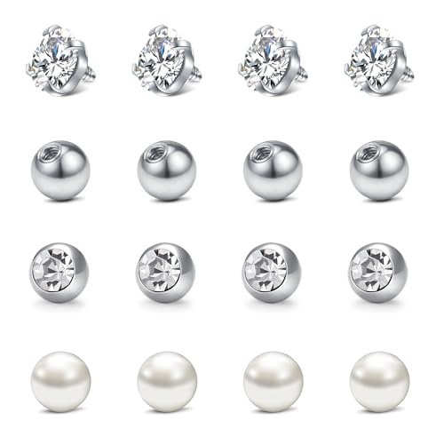 QWALIT 16gauge 14gauge Stainless Steel Replacement Balls for Lip Studs Labret Earrings Piercing Jewelry Septum Rings Externally Threaded Plastic Balls 3mm - 8mm - color: Set B4-16g -mix threaded balls pearls 3mm