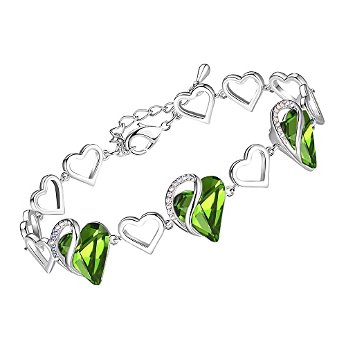 Leafael Infinity Love Heart Gift Bracelet for Women, Birthstone or Healing Stone Crystal, Silver Tone Birthday Jewelry for Her, Mom, and Wife, 7-inch Chain and 2-inch Extender - color: 08-August-Peridot Green