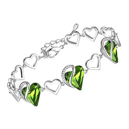 Leafael Infinity Love Heart Gift Bracelet for Women, Birthstone or Healing Stone Crystal, Silver Tone Birthday Jewelry for Her, Mom, and Wife, 7-inch Chain and 2-inch Extender - color: 08-August-Peridot Green