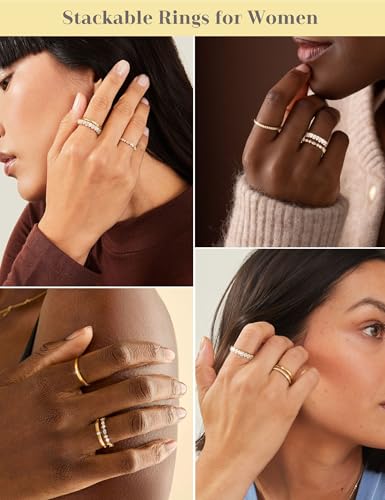 RLMOON Stackable Silver Gold Rings for Women Non Tarnish Stacking Ring | Dainty 14K Gold/Silver Plated CZ Eternity Wedding Band Thumb Rings Gold Jewelry Size 6-10