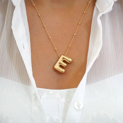 Gold Bubble Initial Necklace for Women Balloon Letter Necklace 18K Gold Plated Dainty Alphabet Pendant Puffy Name Personal Necklace - color: E