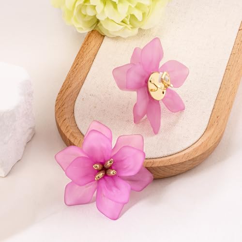 LAXPICOL Fashion Big Flower Clip On Earrings For Women Cute Lovely Acrylic Flower Earrings No piercing Earrings 2.36" - color: purple