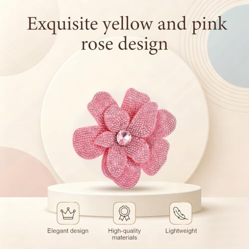 3.74 Inches Rhinestone Camellia Flower Brooch Pin Fashion Sparkly Crystal Floral Brooch Dainty Elegant Pink Flower Brooches for Women Wedding Party Banquet Dress Clothes Jewelry Accessories