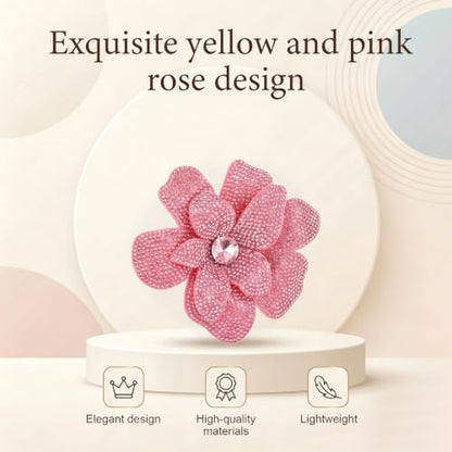 3.74 Inches Rhinestone Camellia Flower Brooch Pin Fashion Sparkly Crystal Floral Brooch Dainty Elegant Pink Flower Brooches for Women Wedding Party Banquet Dress Clothes Jewelry Accessories