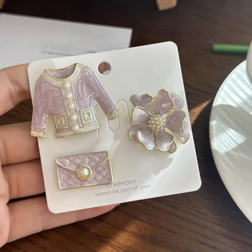Elegant Flower Imitation Pearl Brooch Pin Set Retro Enamel Coat Bag and Camellia Lapel Collar Brooches Pins Fashion Birthday Business Jewelry for Women Dress Suit Sweater Shirt Badge Accessory 3Pcs - color: Pink
