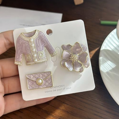 Elegant Flower Imitation Pearl Brooch Pin Set Retro Enamel Coat Bag and Camellia Lapel Collar Brooches Pins Fashion Birthday Business Jewelry for Women Dress Suit Sweater Shirt Badge Accessory 3Pcs - color: Pink