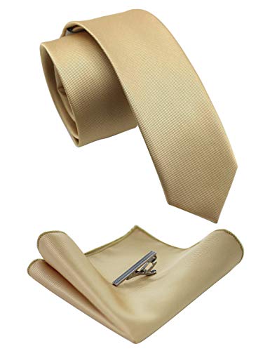 JEMYGINS 2.4" Solid Color Skinny Tie and Pocket Square with Tie Clip Sets for Men (6cm) - color: Gold