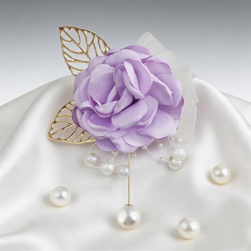 Handmade Elegant Red Rose Flower Brooch Pin for Women Crystal Pearl Fabric Flower Lapel Pin Dress Suit Accessories - color: Purple B