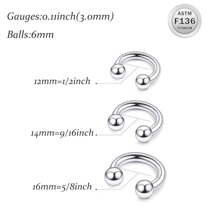 Ruifan 20G 18G 16G 14G 12G 8G 6G 4G 2G Horseshoe Nose Ring Titanium Septum Rings Piercing Jewelry Internally Threaded Gauges Cartilage Conch Helix Rook Lip Tragus Earring Hoop Eyebrow For Women Men - size: Ball: 8G - 14MM