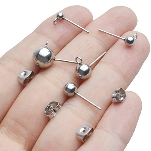 Earring Stud Findings,50pcs Stainless Steel Earring Studs Ball Post with Loop and 50pcs Butterfly Earrig Backs for Eariing Making