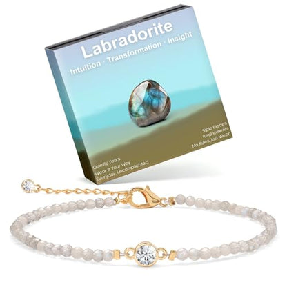 Raicegs Anklets for Women Handmade Beach Boho Ankle Bracelet 3mm Natural Stone Beaded Ankle Bracelet 14K Gold Plated Zircon Pendant Adjustable Crystal Gemstone Anklet Jewelry Gift for Her - color: Labradorite