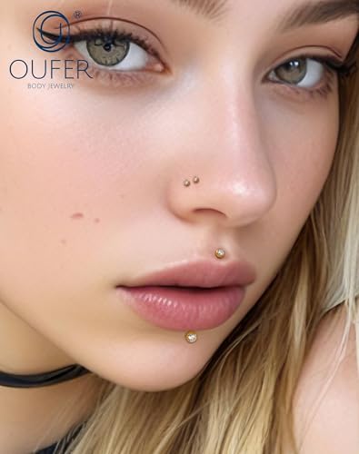 OUFER 2Pcs 20G/18G/16G G23 Titanium Threadless Nose Stud Earrings Flat Back Tiny CZ Small Nose Helix Cartilage Tragus Conch Labret Medusa Monroe Piercing Jewelry for Women Men - color: Gold, size: 2pcs, 16g 4.5mm, 4mm cz