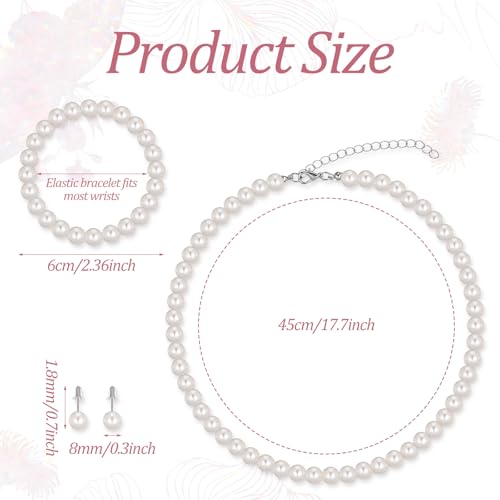 3Pcs White Faux Pearl Jewelry Set for Women – Pearl Necklace Earrings Bracelet Set for Wedding Bridal Birthday Tea Party Gift