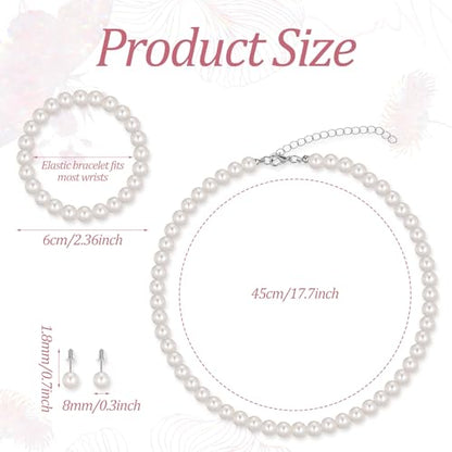 3Pcs White Faux Pearl Jewelry Set for Women – Pearl Necklace Earrings Bracelet Set for Wedding Bridal Birthday Tea Party Gift