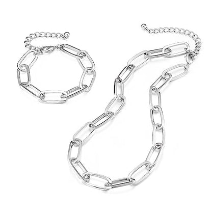 LANE WOODS Chunky Gold Necklace and Bracelet Set for Women, Paperclip Chain | Matching necklace and bracelet set, polished paperclip links, chunky statement style for layering, daily wear, and gifting - color: silver 15"Chain+7"Bracelet