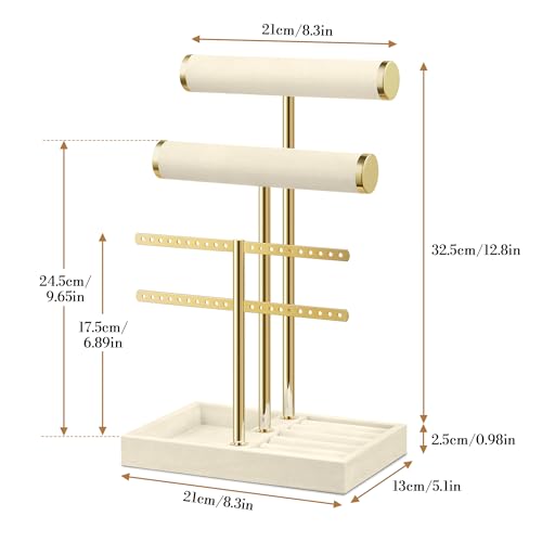 Bracelet Holder Jewelry Organizer Display - 3 Tier T Bar Velvet Stand, Beige Jewelry Storage for Bracelet, Necklaces, Earrings, Rings, Watches - color: Beige