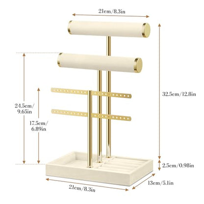 Bracelet Holder Jewelry Organizer Display - 3 Tier T Bar Velvet Stand, Beige Jewelry Storage for Bracelet, Necklaces, Earrings, Rings, Watches - color: Beige