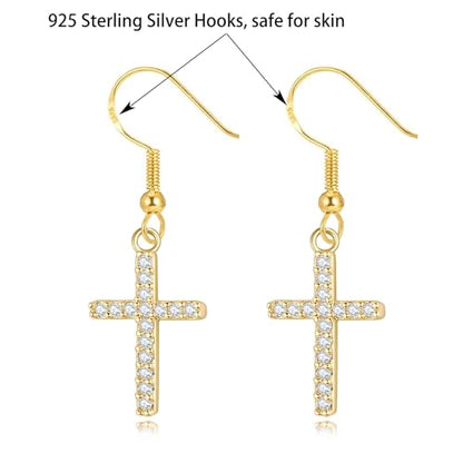 Cross Necklace and Sterling Silver Cross Earrings Jewelry Set for Women | Hypoallergenic Faith Crucifix Pendant Necklaces 14K Gold Plated Cubic Zirconia CZ Dangling Religion Jewelry - color: Gold