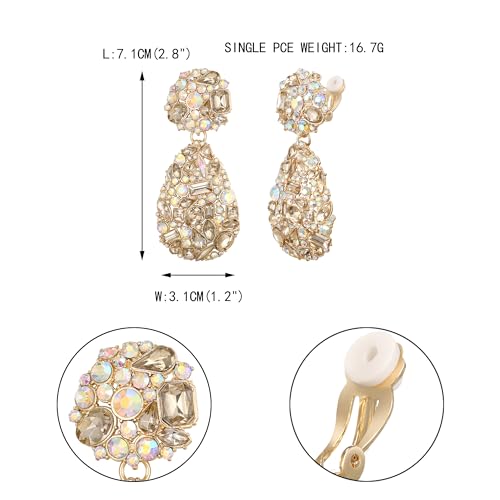 EVER FAITH Glamour Rhinestone Statement Clip-on Earrings, Fashion Chic Art Deco Sparkly Marquise Water Drop Crystal Dangle Earrings for Women - color: Champagne Gold-Tone