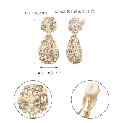 EVER FAITH Glamour Rhinestone Statement Clip-on Earrings, Fashion Chic Art Deco Sparkly Marquise Water Drop Crystal Dangle Earrings for Women - color: Champagne Gold-Tone