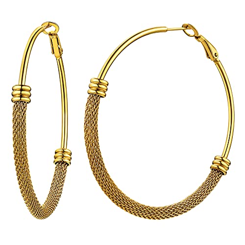 ChainsHouse 30/40/60/80mm Hoop Earrings for Women,Chunky Earrings in 18K Gold Plated/Silver/Black,Minimalist Jewelry Round Tube Hoops Fits Sensitive Ears|Hypoallergenic&Waterproof,with Gift Box - color: A:gold plated-mesh tube, size: 60MM