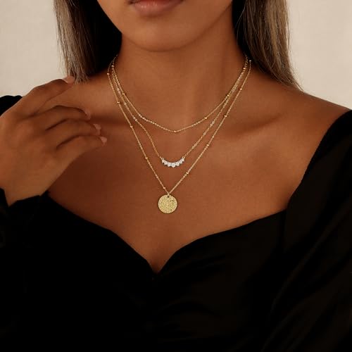Layered Necklaces for Women 14K Gold Plated Stack Circle Pendant Trendy Long Chain Stackable Handmade Coin Necklace Set Dainty Gold Stacked Jewelry Gifts - color: Gold-1