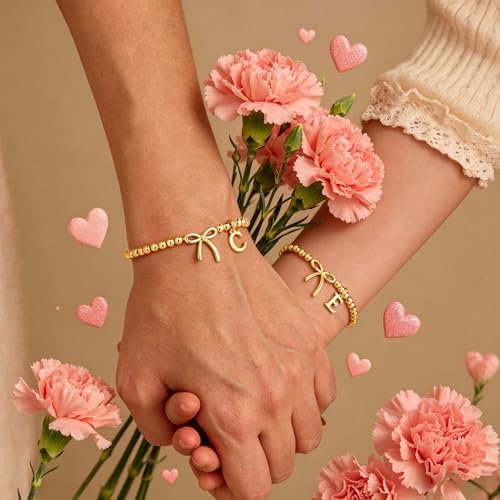 M MOOHAM Bow Initial Bracelets for Women Girls, Letter A-Z Beaded Bracelet | 14K Gold Plated, Bow Bracelets for Girls, Gold Bracelet, Beaded Initial Bracelet, Birthday Gift for Teen Girl Jewelry - color: M