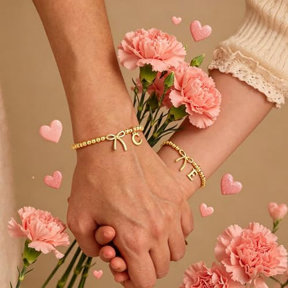 M MOOHAM Bow Initial Bracelets for Women Girls, Letter A-Z Beaded Bracelet | 14K Gold Plated, Bow Bracelets for Girls, Gold Bracelet, Beaded Initial Bracelet, Birthday Gift for Teen Girl Jewelry - color: M