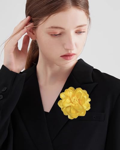 Dainty Fabric Rose Flower Large Brooch Lapel Pins Flower Brooches Pin Classic for Wedding Party Dance Banquet for Women Dress Suit Clothes Accessories Jewelry 100mm - color: Yellow