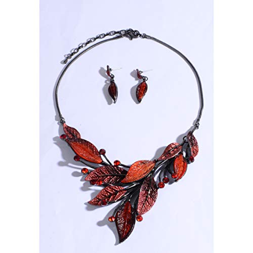 AMYJANE Vintage Statement Jewelry Set - Spring Leaf Flower Floral Plant Necklace Earring Set Crystal Rhinestone Fashion Costume Jewelry for Women Prom Party Unique Gift - style: Red Leaf Jewelry Set