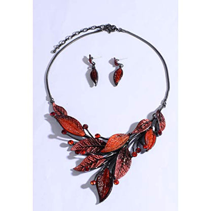 AMYJANE Vintage Statement Jewelry Set - Spring Leaf Flower Floral Plant Necklace Earring Set Crystal Rhinestone Fashion Costume Jewelry for Women Prom Party Unique Gift - style: Red Leaf Jewelry Set