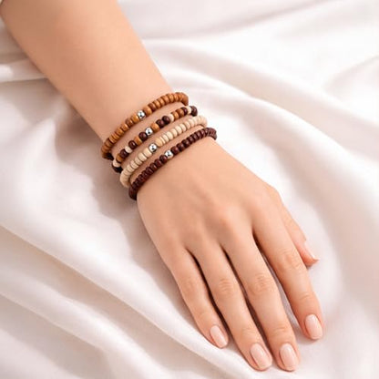 Avoirr Set of 4 Natural Wood Beaded Bracelets for Men & Women – 4mm Handmade Stretchable Wooden Beads in Natural, Tan & Maroon – Unisex Fits (7–7.5 inch)