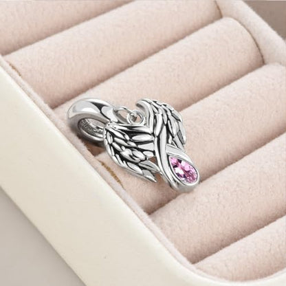 KunBead Guardian Angel Wings Birthstone Dangle Birthday Charms Compatible with Pandora Charm Bracelet for Women - color: Pink
