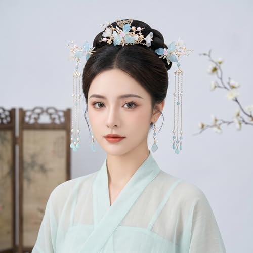 Hanfu Hair Accessories Set Green Butterfly Tassel Chinese Vintage HairStick | Hair Sticks, Butterfly Tassel Hairpin Comb, Earrings Kit, Rhinestone Pearl, Wedding Bridal Cosplay Daily Wear