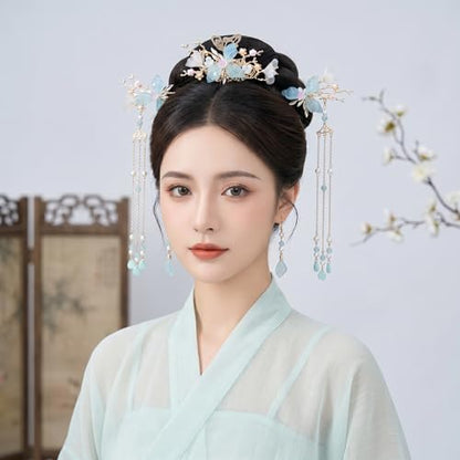 Hanfu Hair Accessories Set Green Butterfly Tassel Chinese Vintage HairStick | Hair Sticks, Butterfly Tassel Hairpin Comb, Earrings Kit, Rhinestone Pearl, Wedding Bridal Cosplay Daily Wear