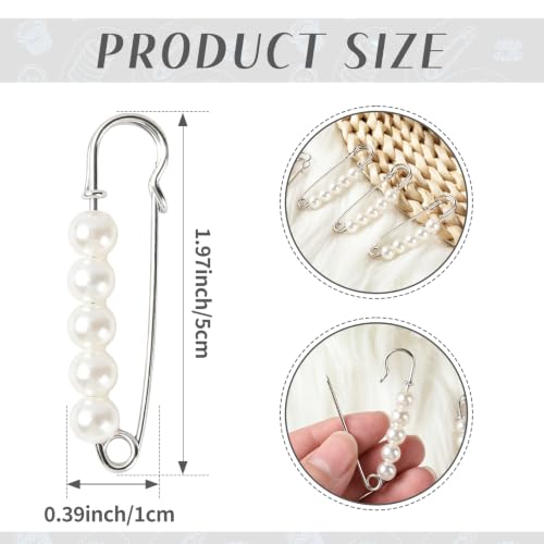 Faux Pearl Safety Pins, 20pcs 1.97inch Silver | Sweater Shawl Clip Brooch Pins with 5pcs Pearl Beads for Pants Skirt Waist Pants Extender Dressing Accessories