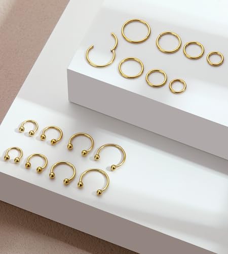 16PCS Surgical Stainless Steel Hinged Clicker Segment Horseshoe Septum Lip Eyebrow Rings 16G Nose Ring Hoop Cartilage Helix Conch Tragus Rook Daith Earrings Piercing Jewelry for Women Men 6mm 8mm 10mm 12mm - color: Gold Tone