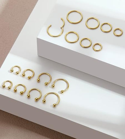 16PCS Surgical Stainless Steel Hinged Clicker Segment Horseshoe Septum Lip Eyebrow Rings 16G Nose Ring Hoop Cartilage Helix Conch Tragus Rook Daith Earrings Piercing Jewelry for Women Men 6mm 8mm 10mm 12mm - color: Gold Tone