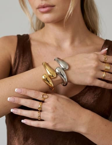 Chunky Gold Bangle Bracelets for Women, Dainty 14k Gold Plated Big Stackable Bangles Set, Trendy Statement Cuff Bracelet Stack Fashion Jewelry Gifts - style: 2 Silver & gold dome bangles