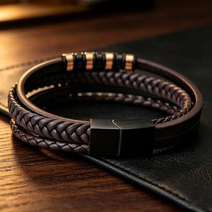 Italian Handmade Leather Bracelets for Men - color: Brown, size: 8.2"