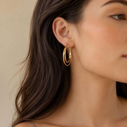 Double Hoop Earrings for Women Double Oval Gold and Silver Tone Statement Hoops for Party Vacation Outfits Birthday Gift - color: A2:gold