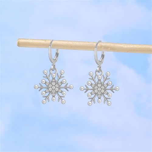 Dreuyet Snowflake Earring and Necklace Set for Women Clear Cubic Zirconia Sparkle Snowflake Hoop Earrings Silver Christmas Snowflake Pearl Earrings Winter Holiday Women Wife Jewelry Gift - color: Silver