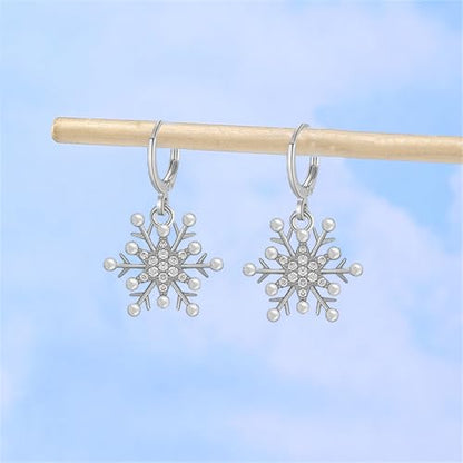 Dreuyet Snowflake Earring and Necklace Set for Women Clear Cubic Zirconia Sparkle Snowflake Hoop Earrings Silver Christmas Snowflake Pearl Earrings Winter Holiday Women Wife Jewelry Gift - color: Silver