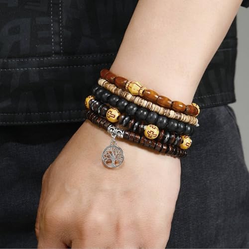 Mens Beaded Bracelets Tribal Wooden Elastic Adjustable Prayer Beads Wrap Cuff for Women - color: D: 5pcs