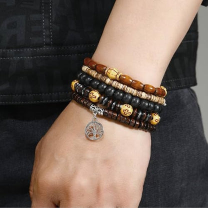 Mens Beaded Bracelets Tribal Wooden Elastic Adjustable Prayer Beads Wrap Cuff for Women - color: D: 5pcs