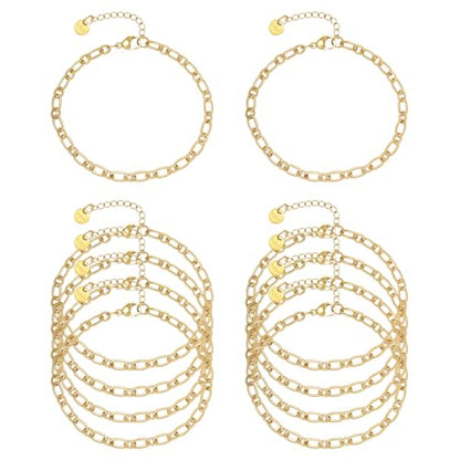 10 PCS Bracelets for Women Stainless Steel Chain Link Bracelet Set | 6.7 Inches with Extender, Jewelry Gifts for DIY, Chains Bulk, Oval, Curb, Figaro Chains, 18K Gold Plated, Silver, Chunky - color: Cable Gold