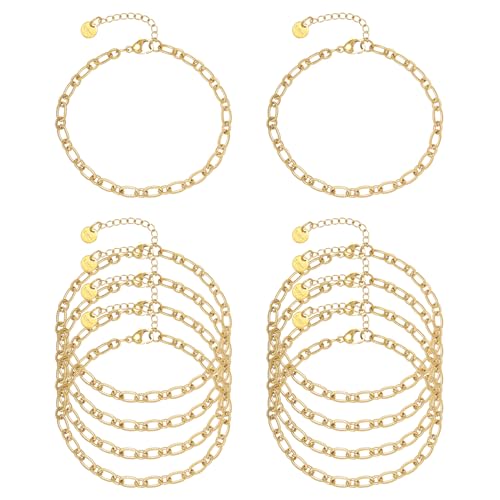 10 PCS Bracelets for Women Stainless Steel Chain Link Bracelet Set | 6.7 Inches with Extender, Jewelry Gifts for DIY, Chains Bulk, Oval, Curb, Figaro Chains, 18K Gold Plated, Silver, Chunky - color: Cable Gold