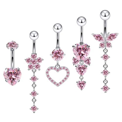 Vsnnsns 14G Dangle Belly Button Ring Piercing Jewelry 316L Stainless Surgical Steel Snake Heart Butterfly Flower Diamond CZ Navel Rings Dangling Belly Button Ring Piercing Jewelry for Women 14 Gauge - color: Silver-Pink CZ
