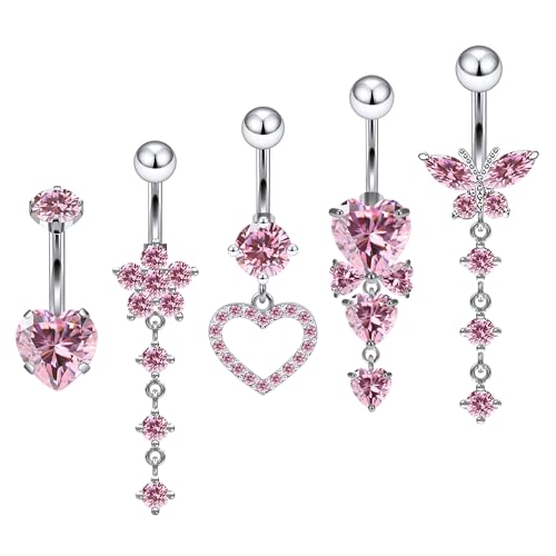 Vsnnsns 14G Dangle Belly Button Ring Piercing Jewelry 316L Stainless Surgical Steel Snake Heart Butterfly Flower Diamond CZ Navel Rings Dangling Belly Button Ring Piercing Jewelry for Women 14 Gauge - color: Silver-Pink CZ